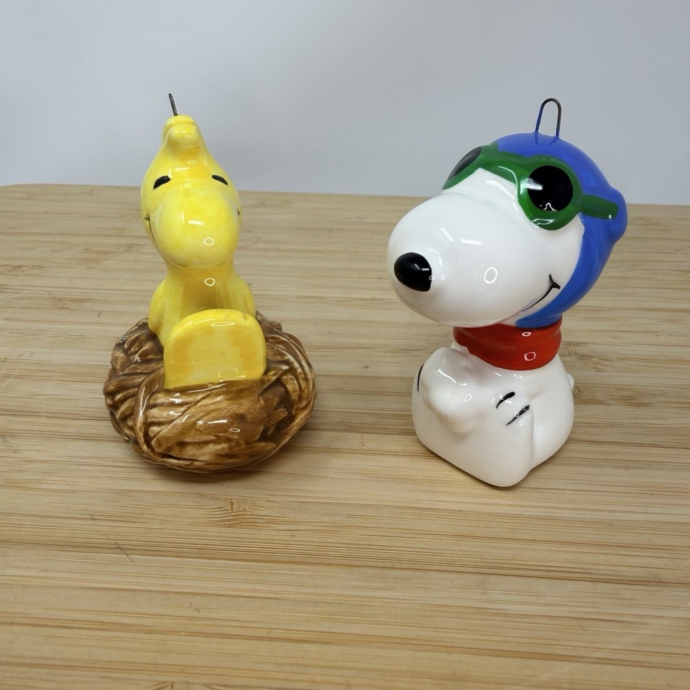 Vintage Snoopy Ceramic Flying Ace & Woodstock Ornament Japan Read